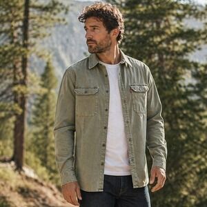 Levis Western Shirt Mens Large Olive Green Faded Workwear Button Up Pockets